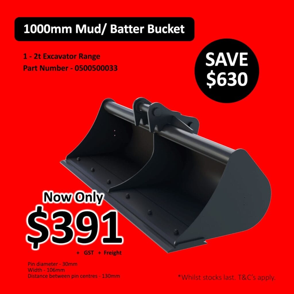 Black excavator bucket on red background with sale details and price highlighted in bold text.