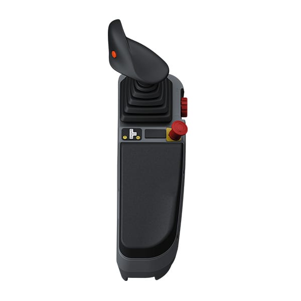 A black joystick controller with a curved handle, a red emergency stop button, a yellow button, and a display screen, viewed from above against a white background.
