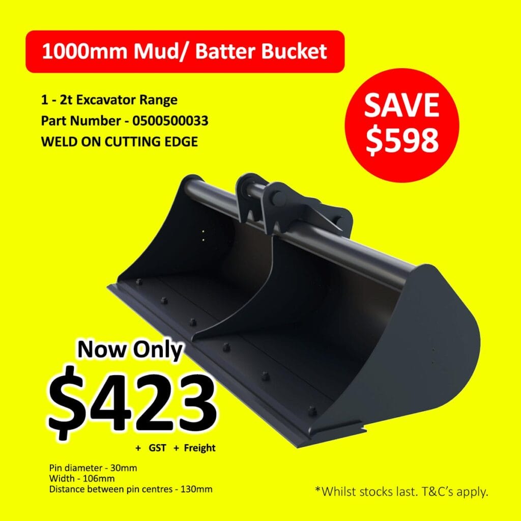 Black excavator bucket with sale price of $423 on a bright yellow background.