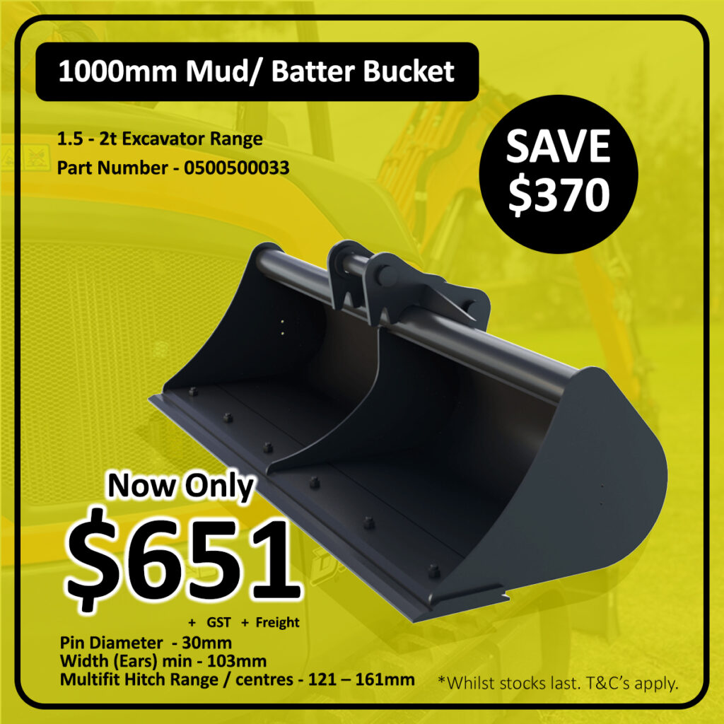 A 1000mm mud/batter bucket for a 1.5–2t excavator is displayed against a yellow background. The price is reduced to $651, saving $370. Product specs and terms are listed in black and yellow text.