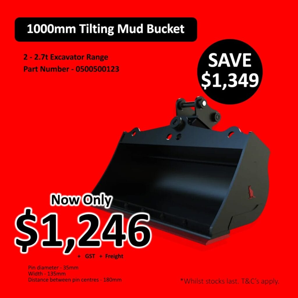 Black tilting mud bucket attachment with sale price and details on a red background.