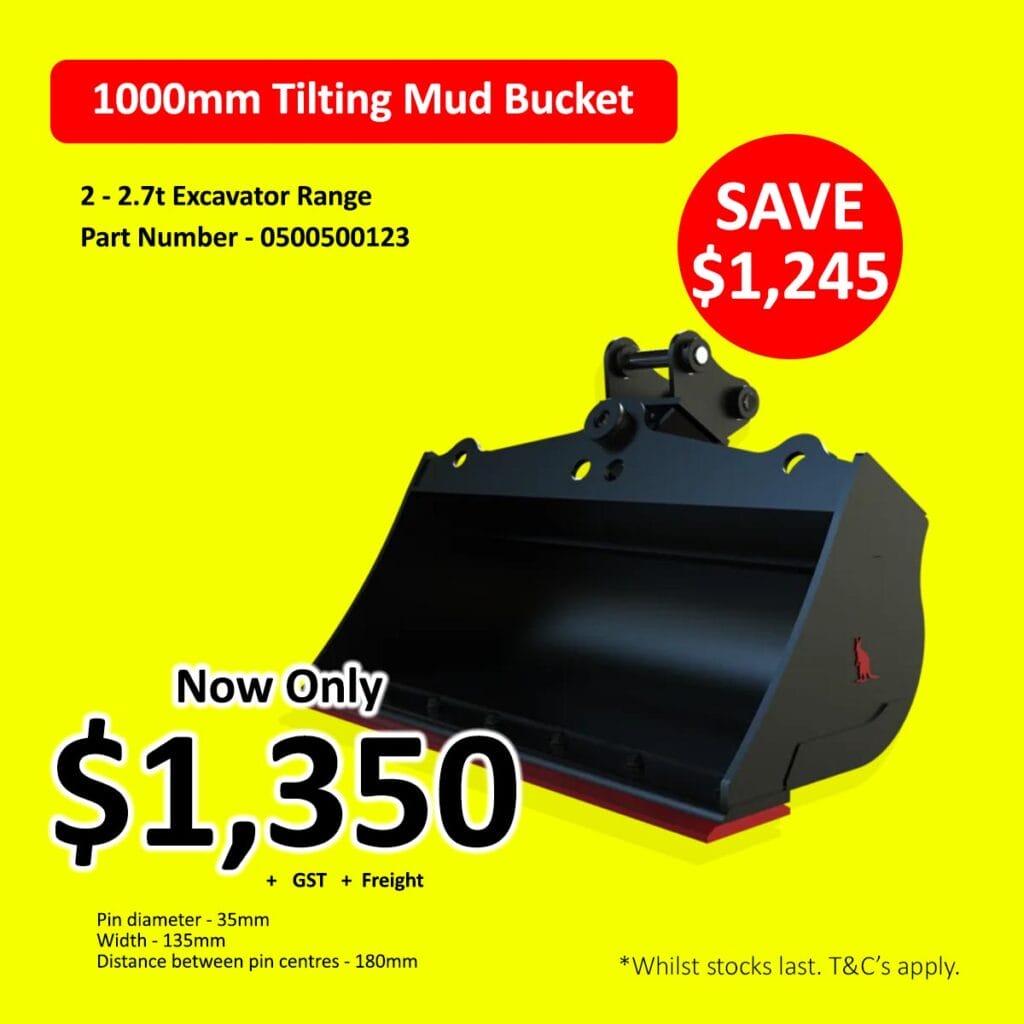 1000mm tilting mud bucket for excavator, sale price $1,350, bright yellow background.