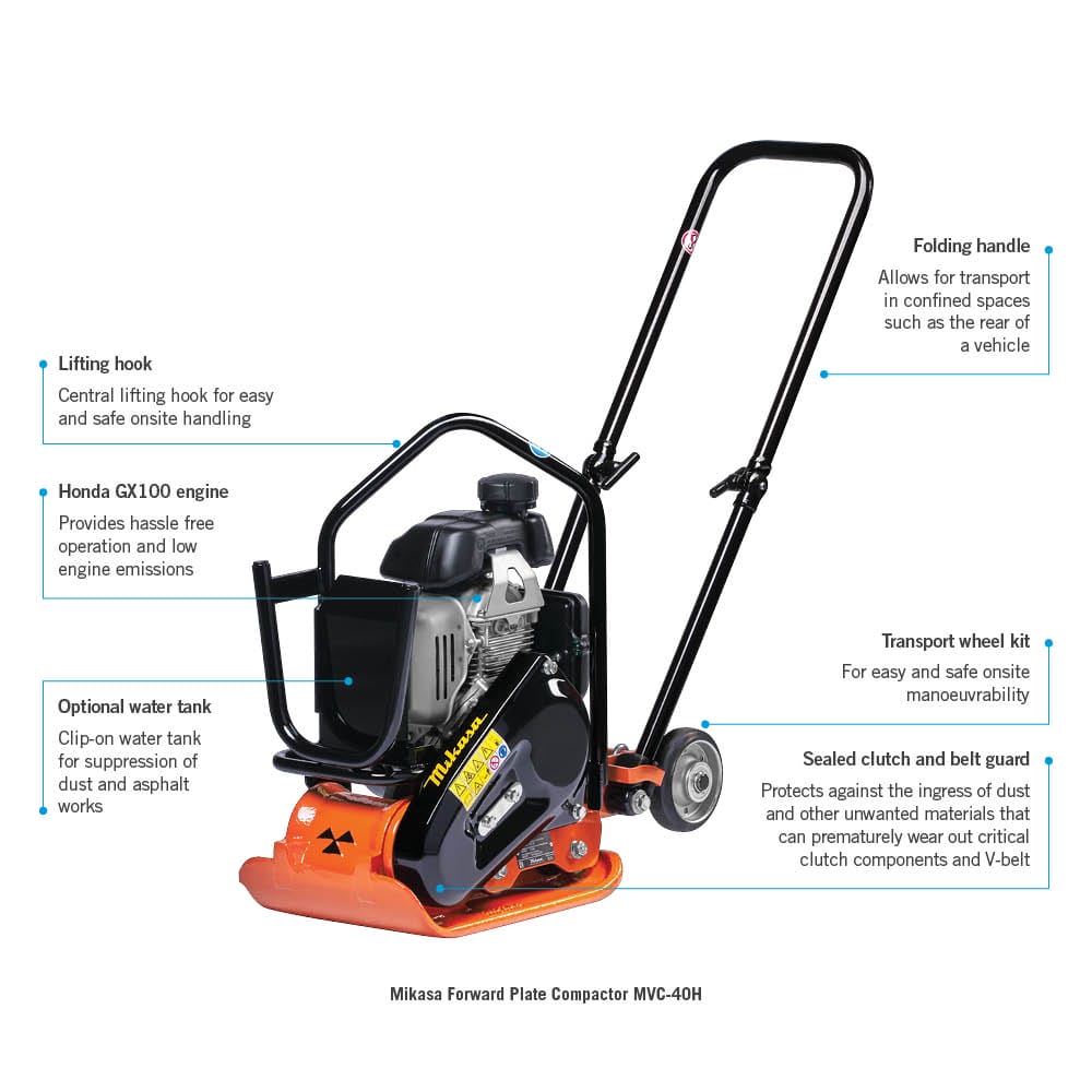 Image of the Mikasa Forward Plate Compactor MVC-40H with labeled parts including a folding handle for easy transport, a lifting hook, a Honda GX100 engine, an optional water tank, a transport wheel kit, and a clutch and belt guard for added protection.