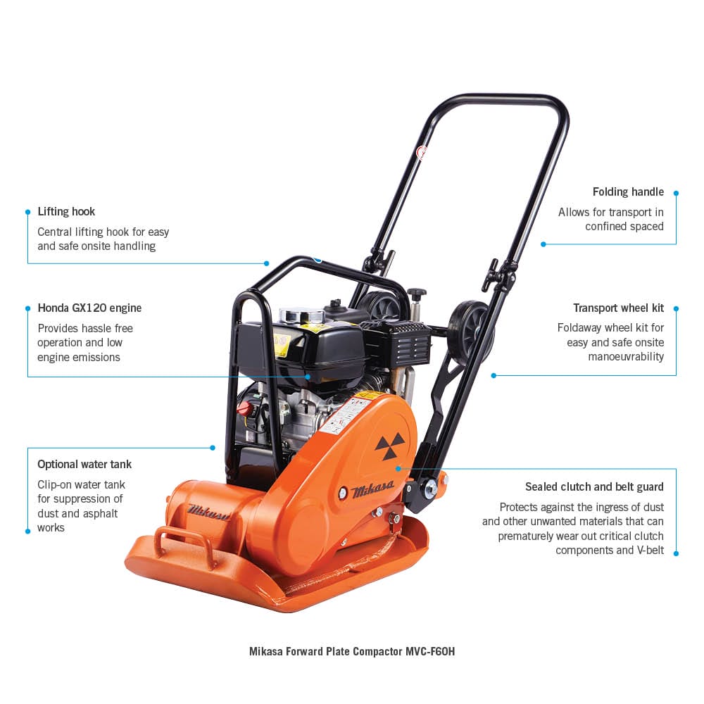 Image of an orange Mikasa Forward Plate Compactor MVC-F60H with labeled features. Labels point to the lifting hook, Honda GX120 engine, optional water tank, folding handle, transport wheel kit, and sealed clutch and belt guard.