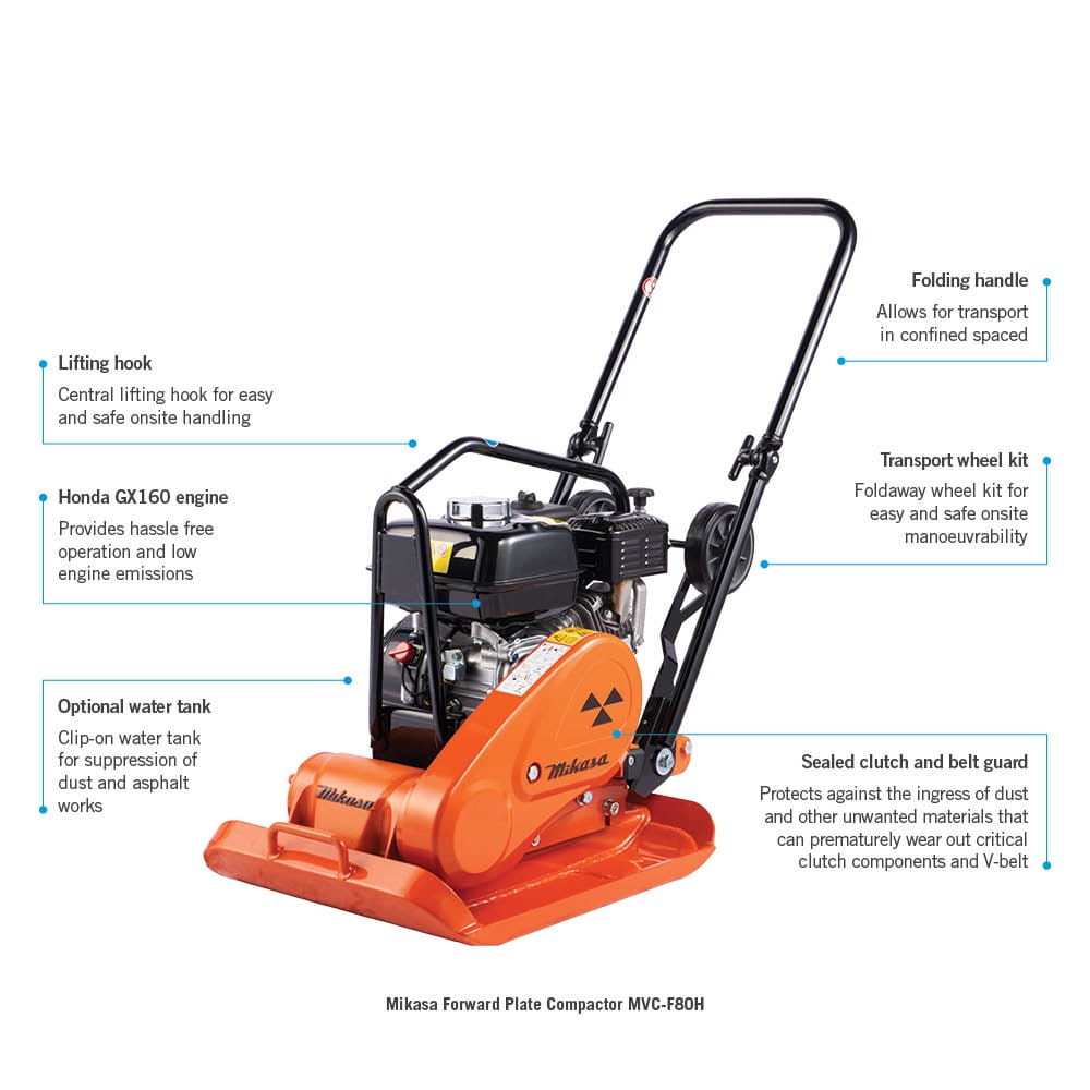 An image of an orange Mikasa Forward Plate Compactor MVC-F80H with annotated features. It has a folding handle and transport wheel kit for easy movement, a Honda GX160 engine, a central lifting hook, optional water tank, and a sealed clutch and belt guard.