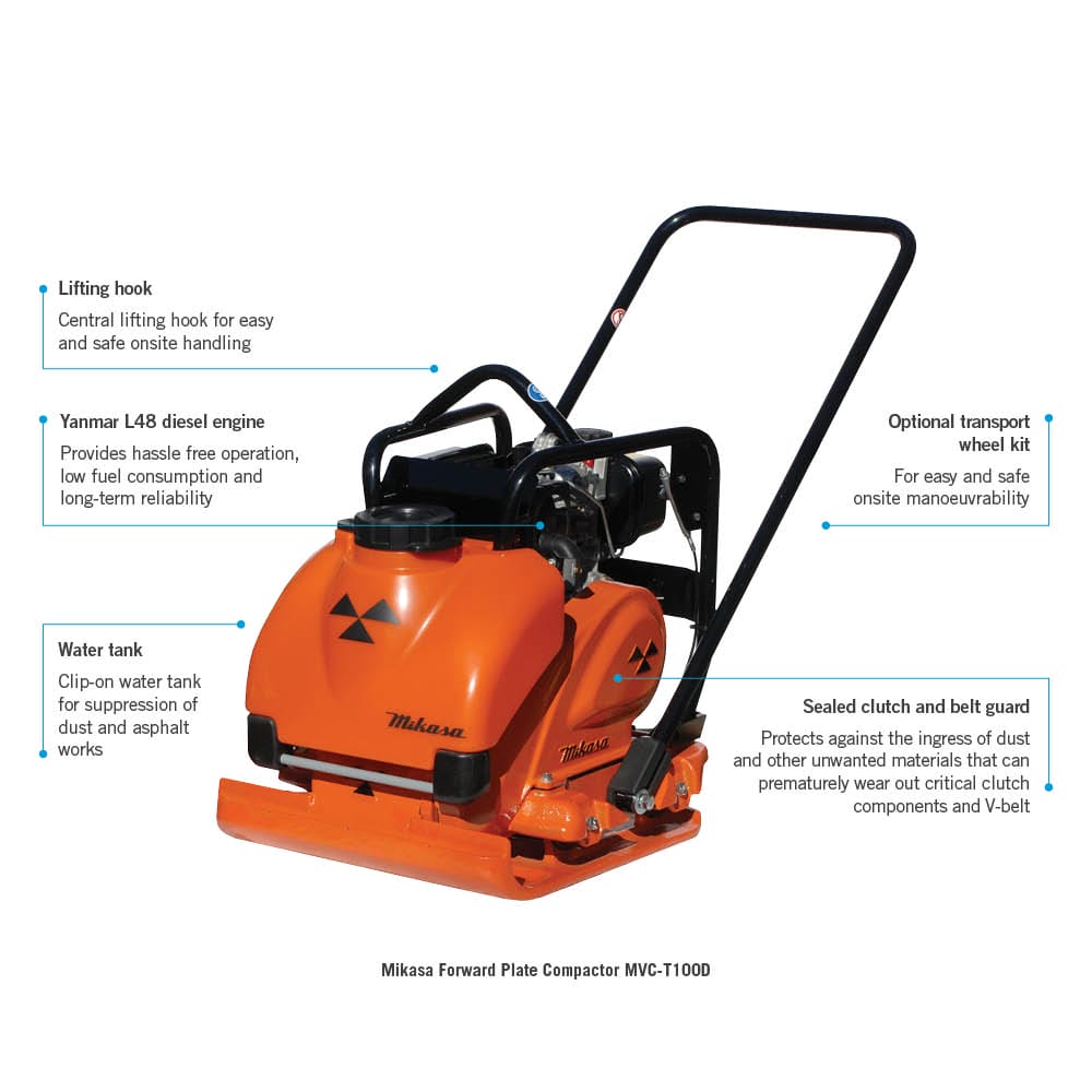 Image of an orange Mikasa Forward Plate Compactor MVC-T100D and MVC-T100H with detailed labels. Key features highlighted include a lifting hook, Yanmar L48 diesel engine, clip-on water tank, optional transport wheel kit, and a sealed clutch and belt guard.