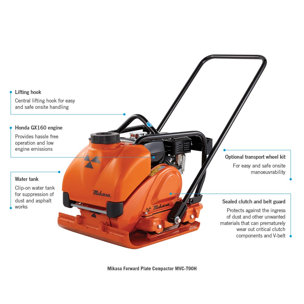 An orange Mikasa Forward Plate Compactor MVC-T90H featuring a lifting hook, Honda GX160 engine, water tank, sealed clutch and belt guard, and an optional transport wheel kit. Various components are labeled with descriptions of their functionality.