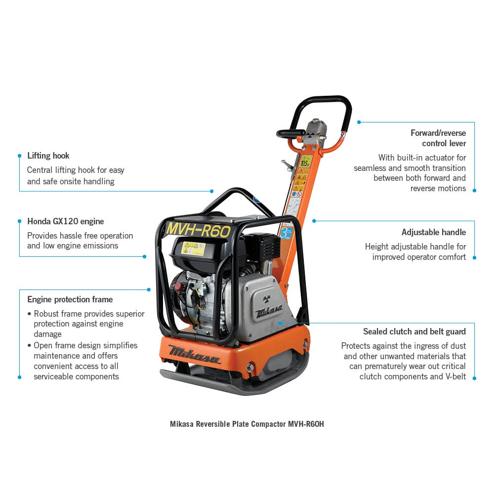 Image of the Mikasa Reversible Plate Compactor MVH-R60H. Key features labeled include a lifting hook, Honda GX120 engine, engine protection frame, forward/reverse control lever, adjustable handle, and sealed clutch and belt guard. The compactor is orange and black.