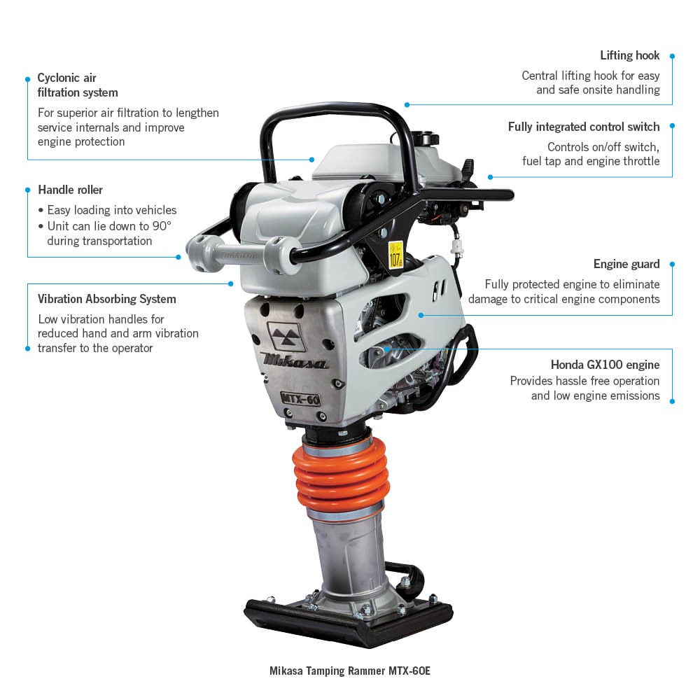 Image of the Mikasa Tamping Rammer MTX-60E with labeled parts and features. The MTX-60E includes a lifting hook, cyclonic air filtration system, handle roller, fully integrated control switch, engine guard, vibration absorbing system, and Honda GX100 engine.