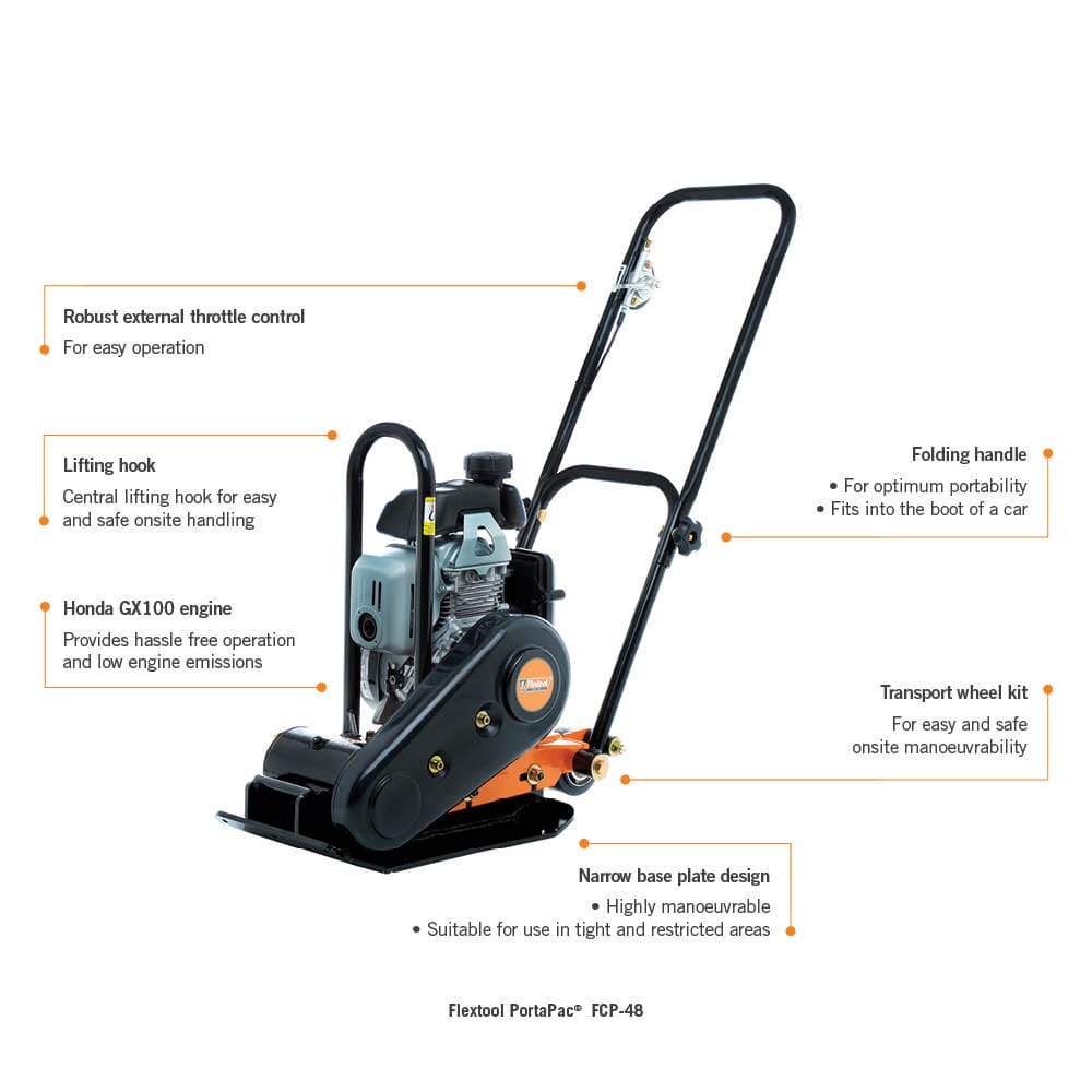 An annotated image of the Flextool PortaPac FCP-48 compactor features labels for components including a robust external throttle control, a lifting hook, a Honda GX100 engine, a folding handle, a transport wheel kit, and a narrow base plate design.