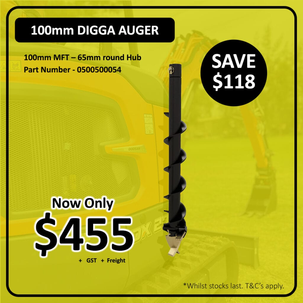Black 100mm digga auger on sale for $455, yellow excavator in background, save $118.
