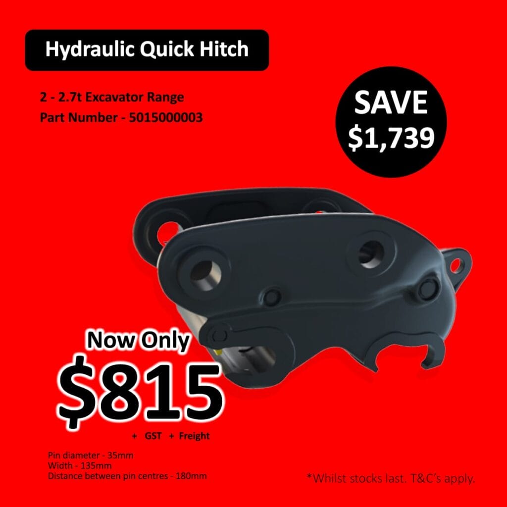 Hydraulic quick hitch for excavator on red background with price and discount details shown.