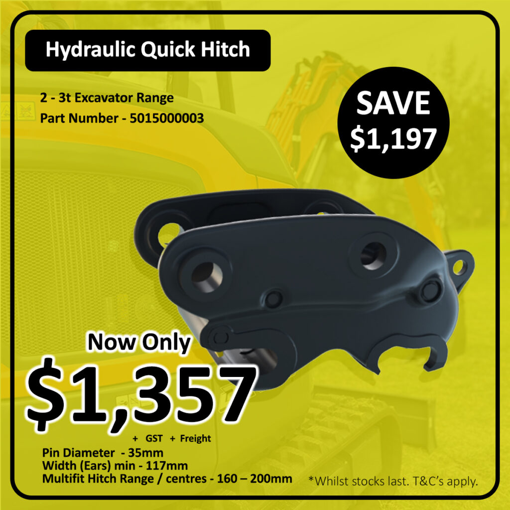 Promotional ad for a hydraulic quick hitch for 2-3t excavators, showing the product and price of $1,357 (saving $1,197). Key specs and details listed on a yellow background with black text.
