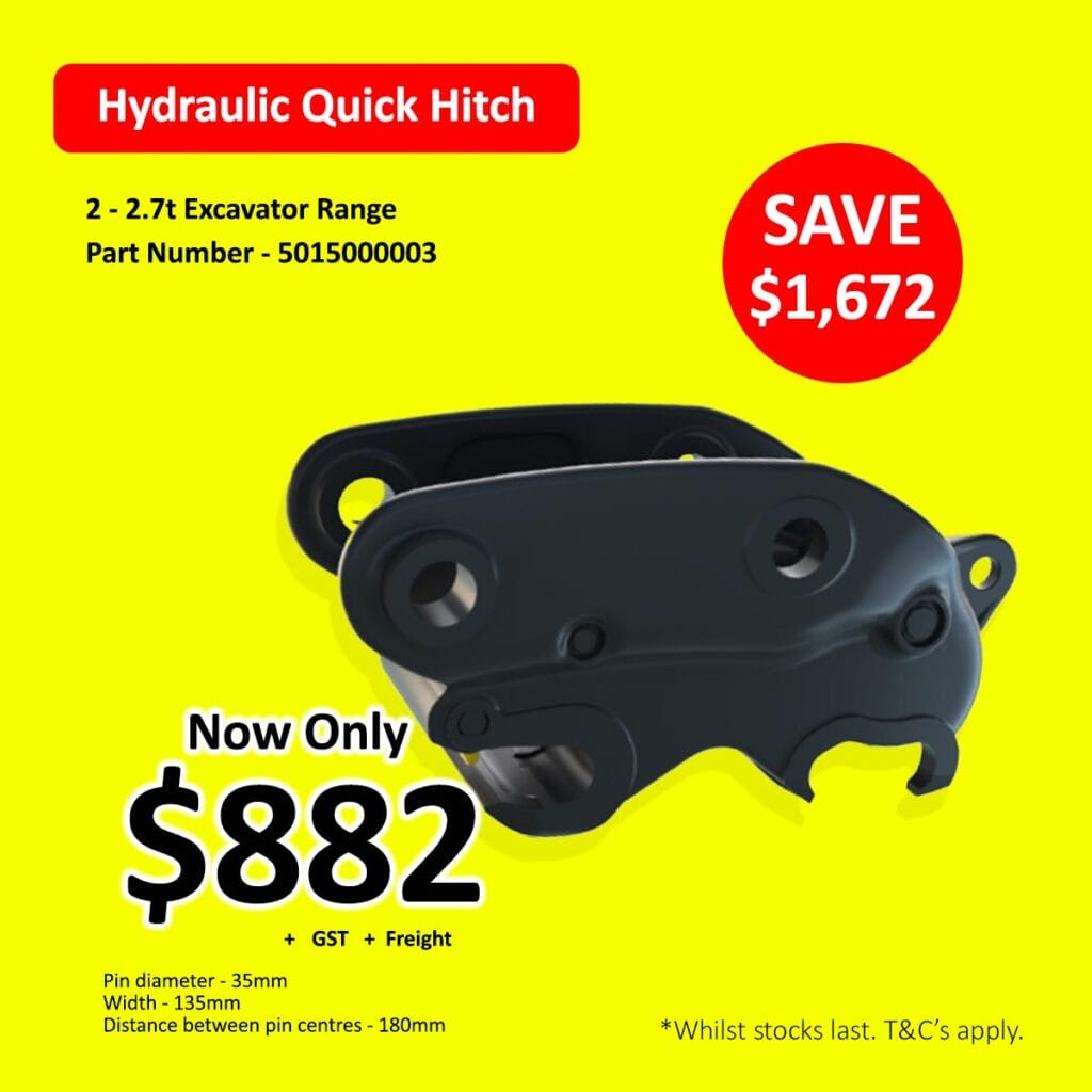 Black hydraulic quick hitch for excavators on a yellow background with price and discount text.