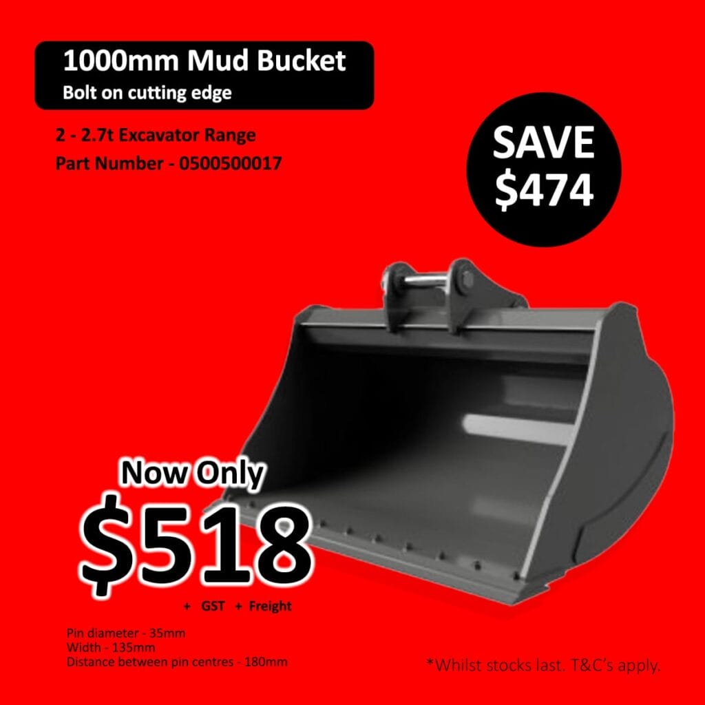 Black excavator bucket with price and discount details on a bright red background.