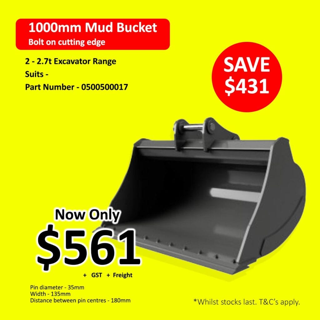 1000mm mud bucket for 2-2.7t excavator, sale price $561, save $431, yellow background.