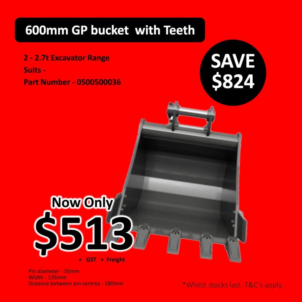 A 600mm GP excavator bucket with teeth is advertised for 3 on a red background.