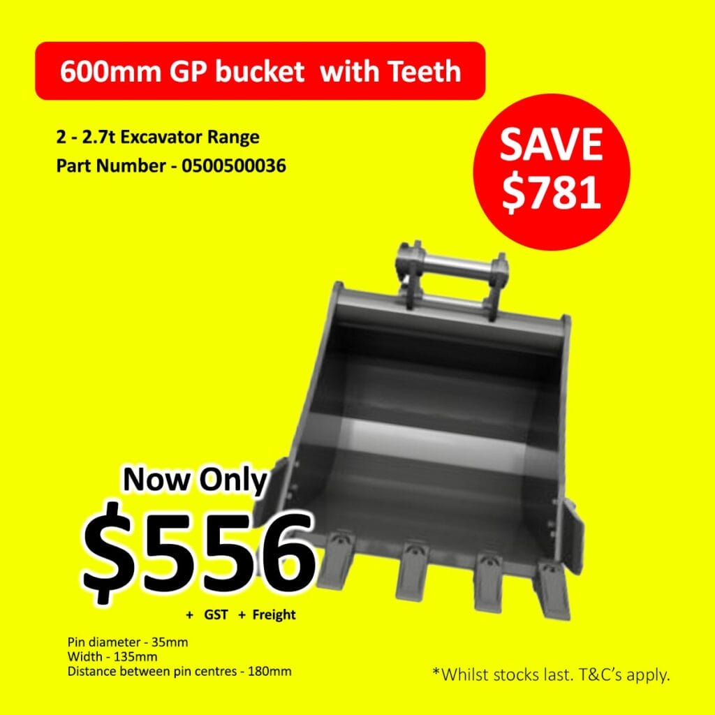 600mm GP excavator bucket with teeth, sale price $556, save $781, on yellow background.