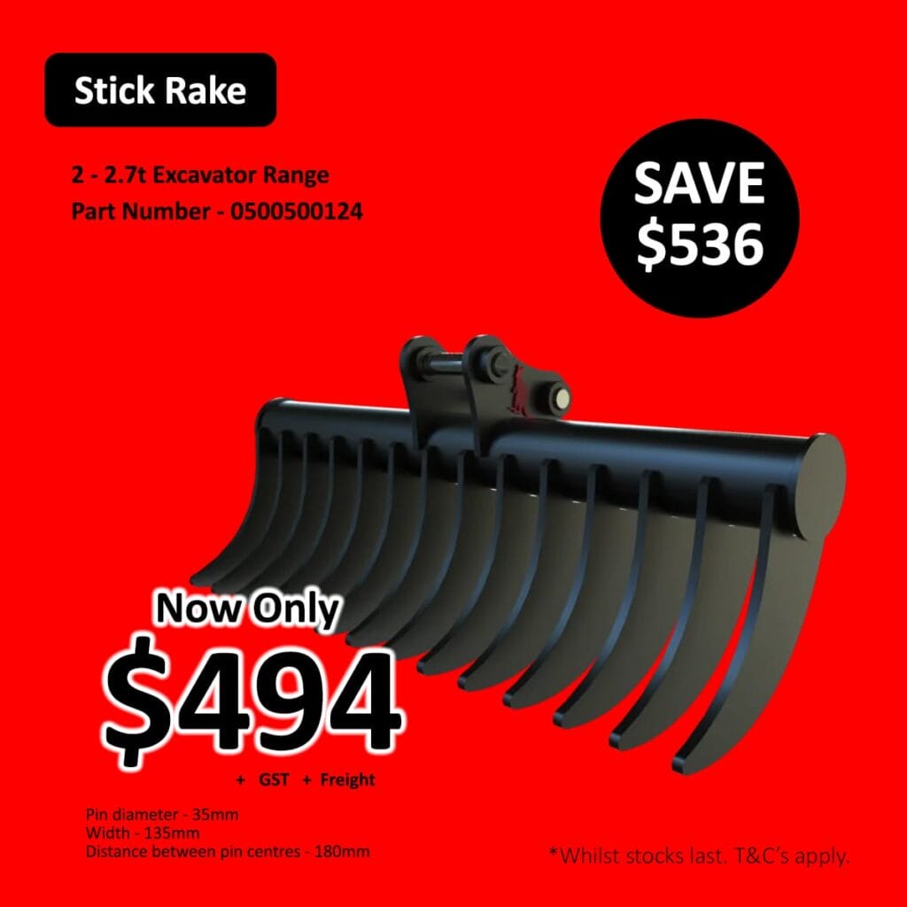 Black excavator stick rake on red background, sale price 4, save 6, part details shown.