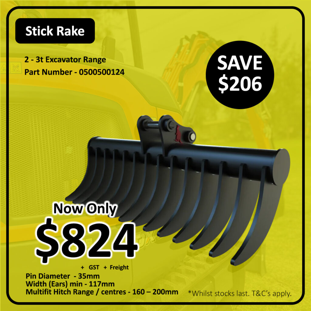 A black excavator stick rake attachment is displayed against a yellow background featuring construction equipment. Text highlights a discounted price of $824, with $206 savings, and key specifications for the rake.