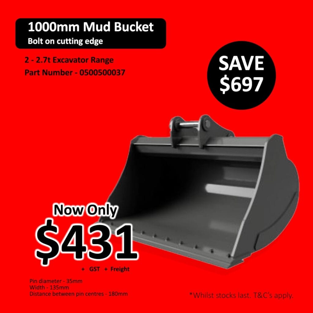 Mud bucket for excavator: 1000mm wide with bolt-on cutting edge; fits 2–2.7t models, now 1 + GST and freight?