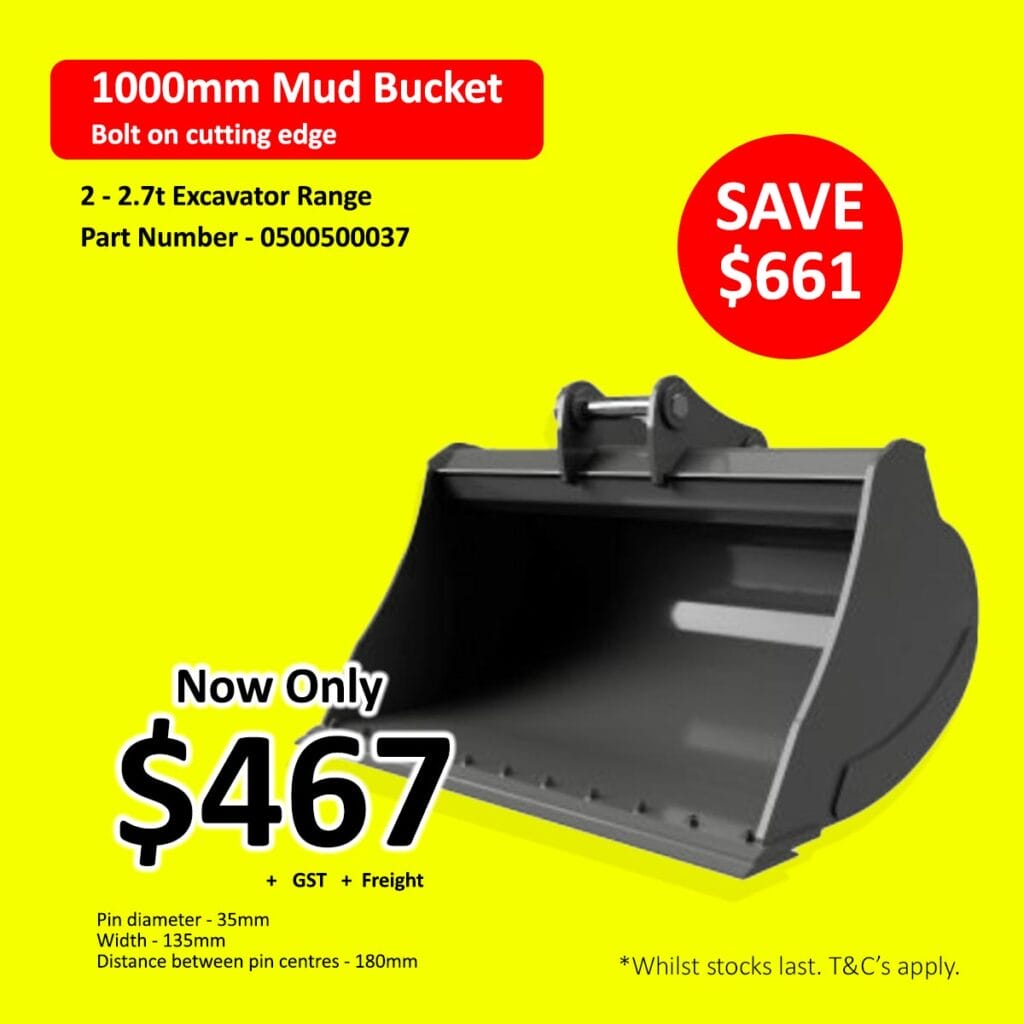 Black excavator bucket on yellow background with sale price and product details in bold text.