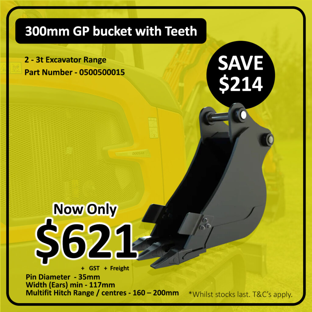An advertisement for a 300mm GP bucket with teeth, showing the bucket attachment in front of an excavator. The price is $621, down from $835, with specifications listed for size and compatibility.
