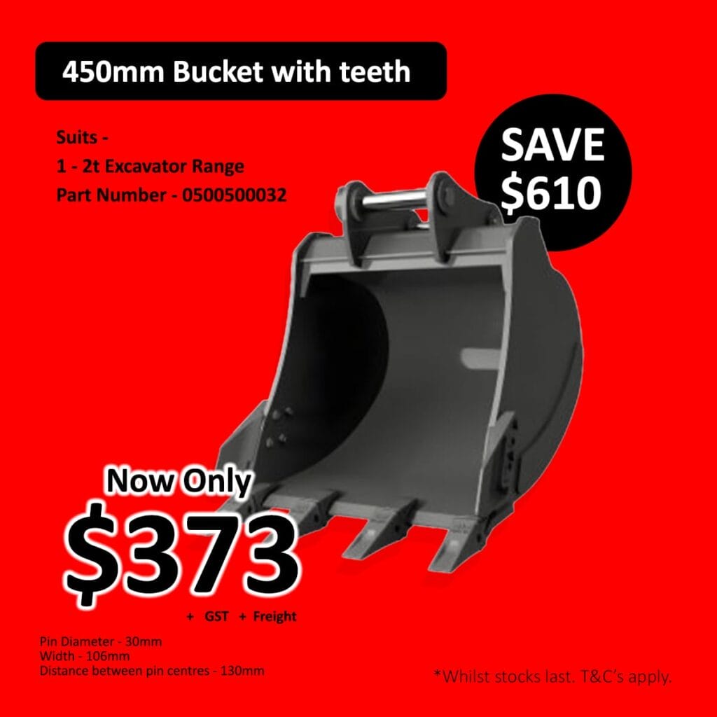 Excavator bucket with teeth on red background, sale price 3, save 0.