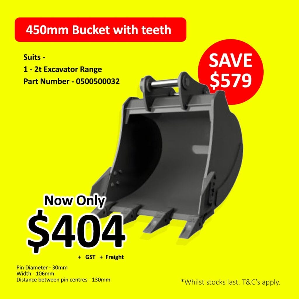 Black excavator bucket with teeth on yellow background, sale price $404, save $579.