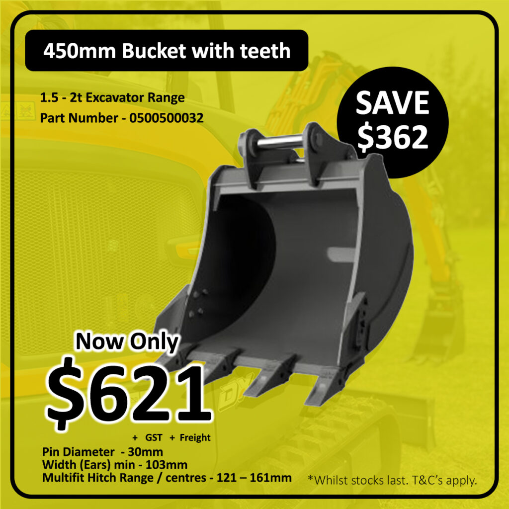 A black 450mm excavator bucket with teeth is displayed on a yellow background. Text highlights its price drop to $621, saving $362, with specifications and details for a 1.5–2t excavator.