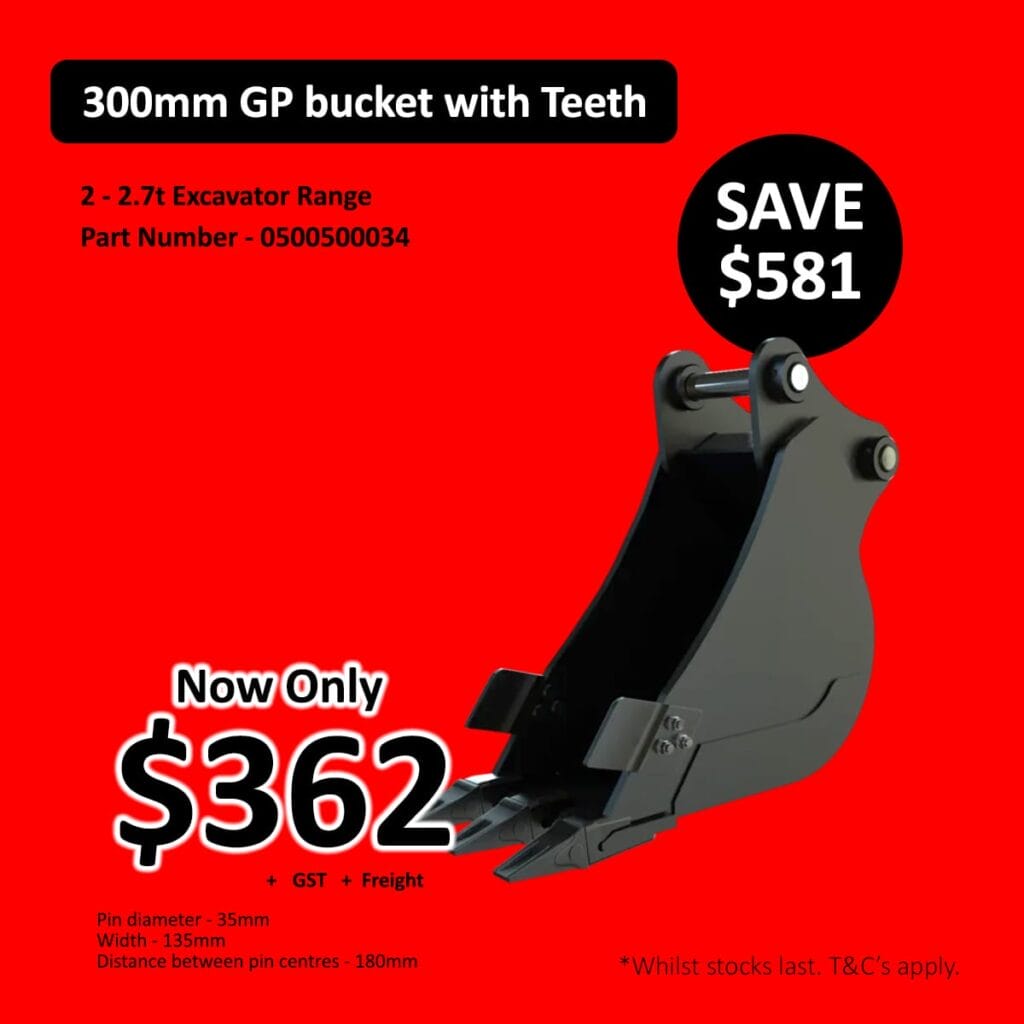 Black excavator bucket with teeth; now 2, save 1; red background, product details.