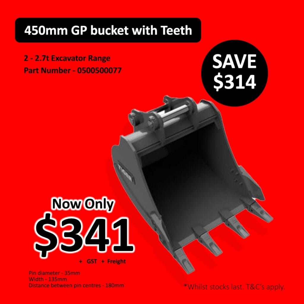 Promotional red ad for a 450mm GP excavator bucket with teeth; now 1, save 4, part number 0500500077 shown in text.