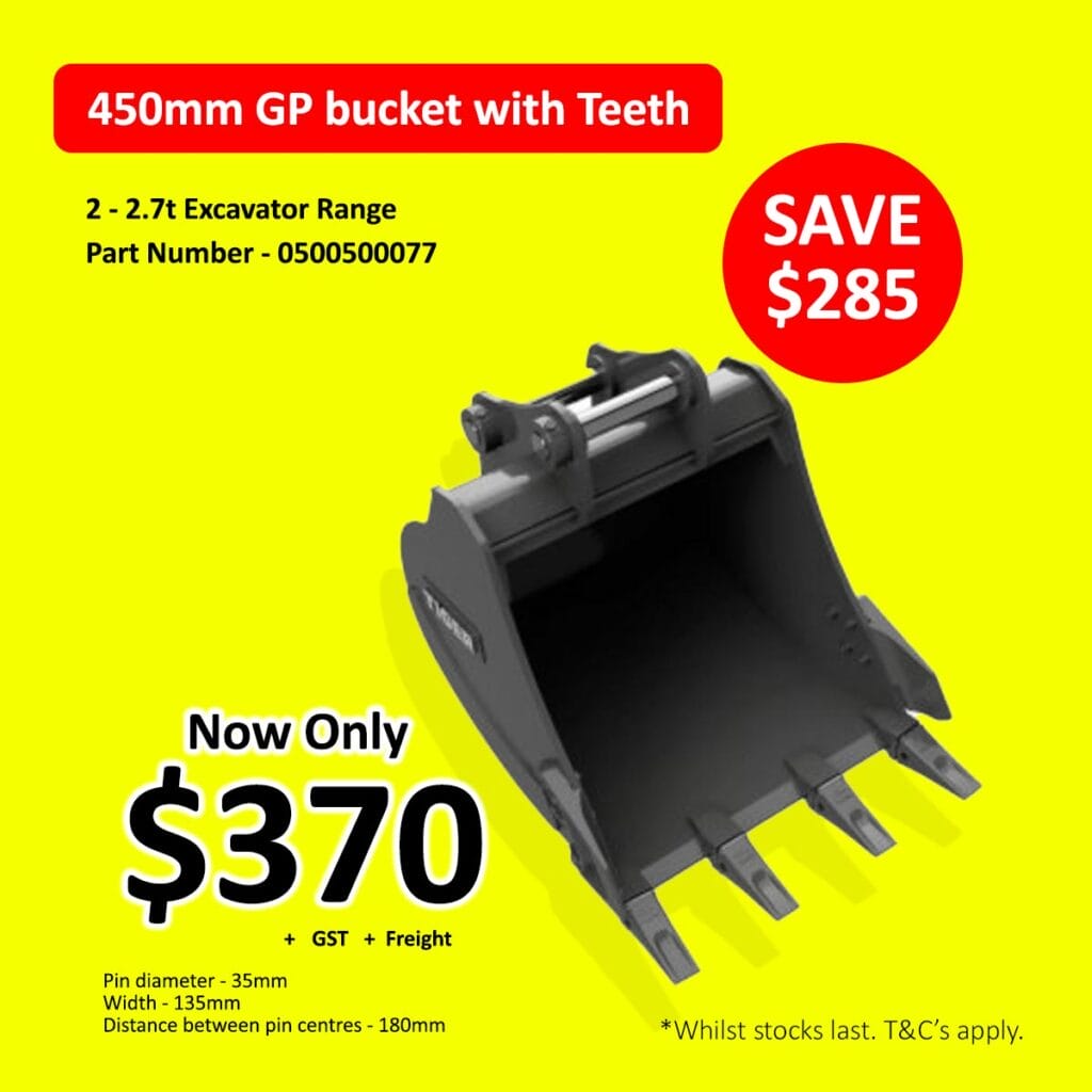 Black excavator bucket with teeth, price reduced to $370; savings highlighted in red circle.