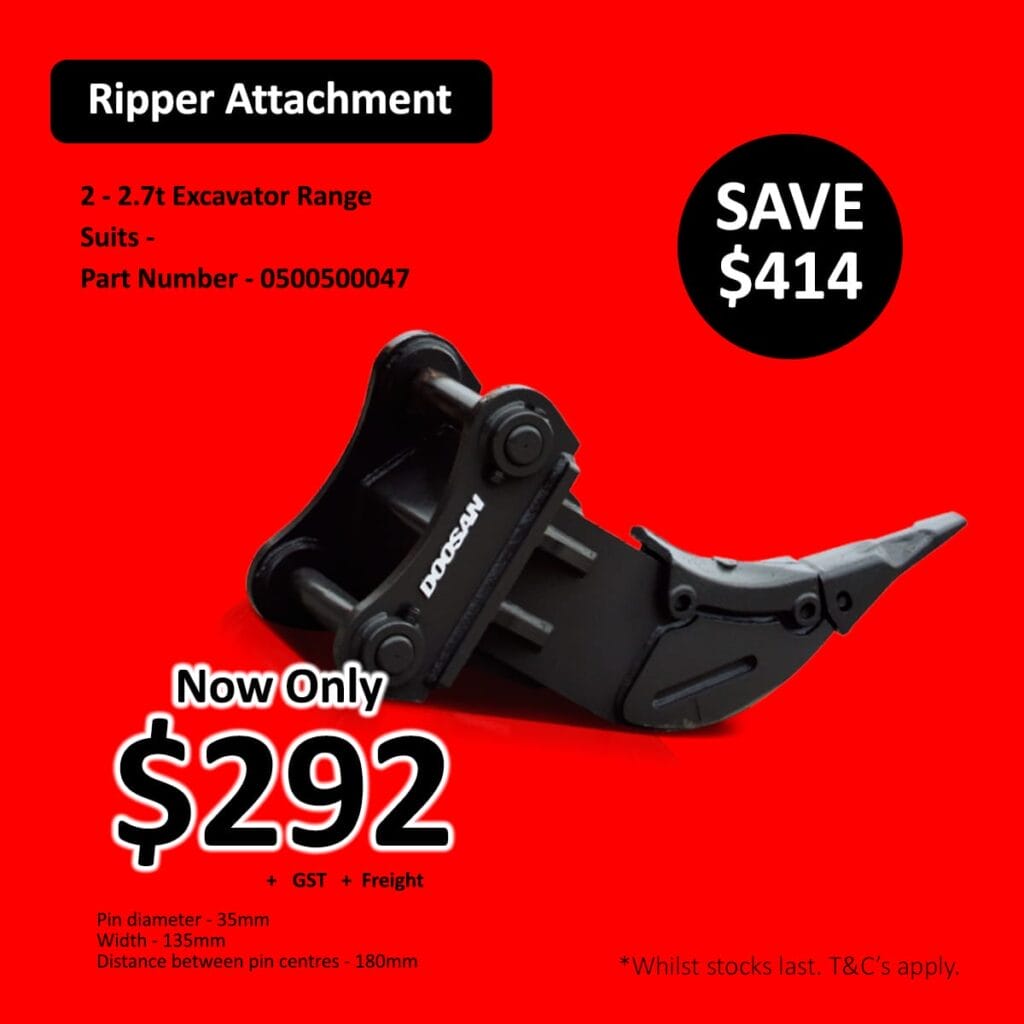 Ripper attachment for 2–2.7t excavators advertised on a red promo banner with price Now Only 2 and Save 4 (GST and freight not included).