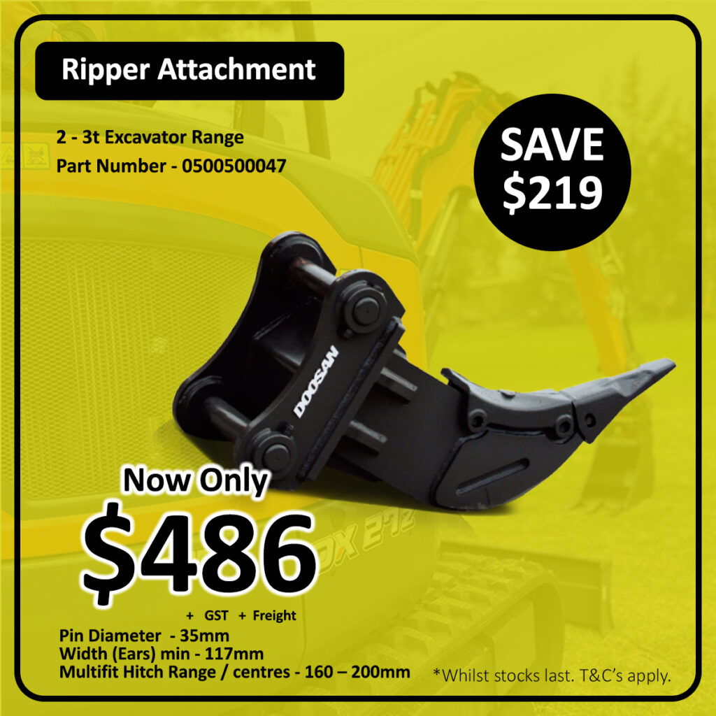 Ripper attachment for a 2–3t excavator displayed with price $486, savings of $219, and product details. Attachment is black, shown against a blurred yellow excavator background.