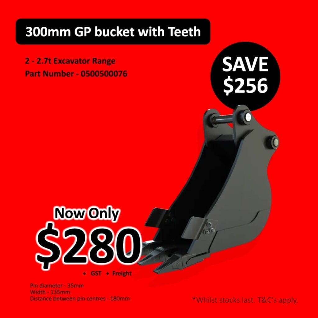 Black excavator bucket with teeth, sale price 0, on a bright red background.
