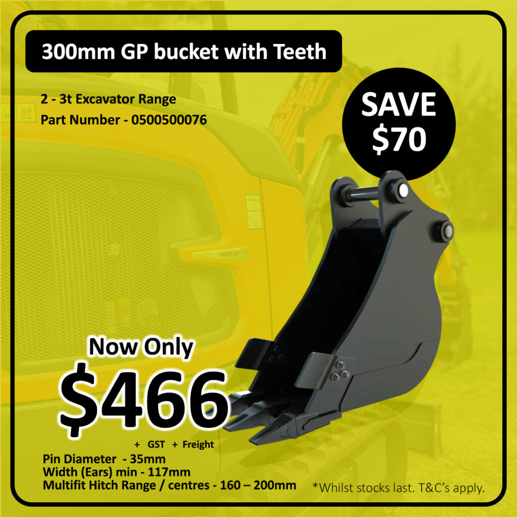 An advertisement for a 300mm GP bucket with teeth for a 2–3T excavator, priced at $466, saving $70. Image shows the bucket in front of an excavator. Product details and conditions are listed.
