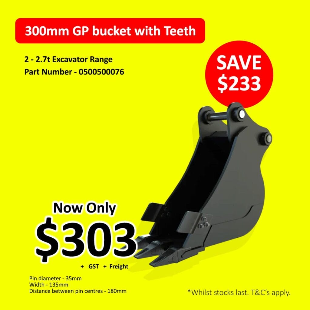 300mm excavator GP bucket with teeth, sale price $303, save $233, yellow background.