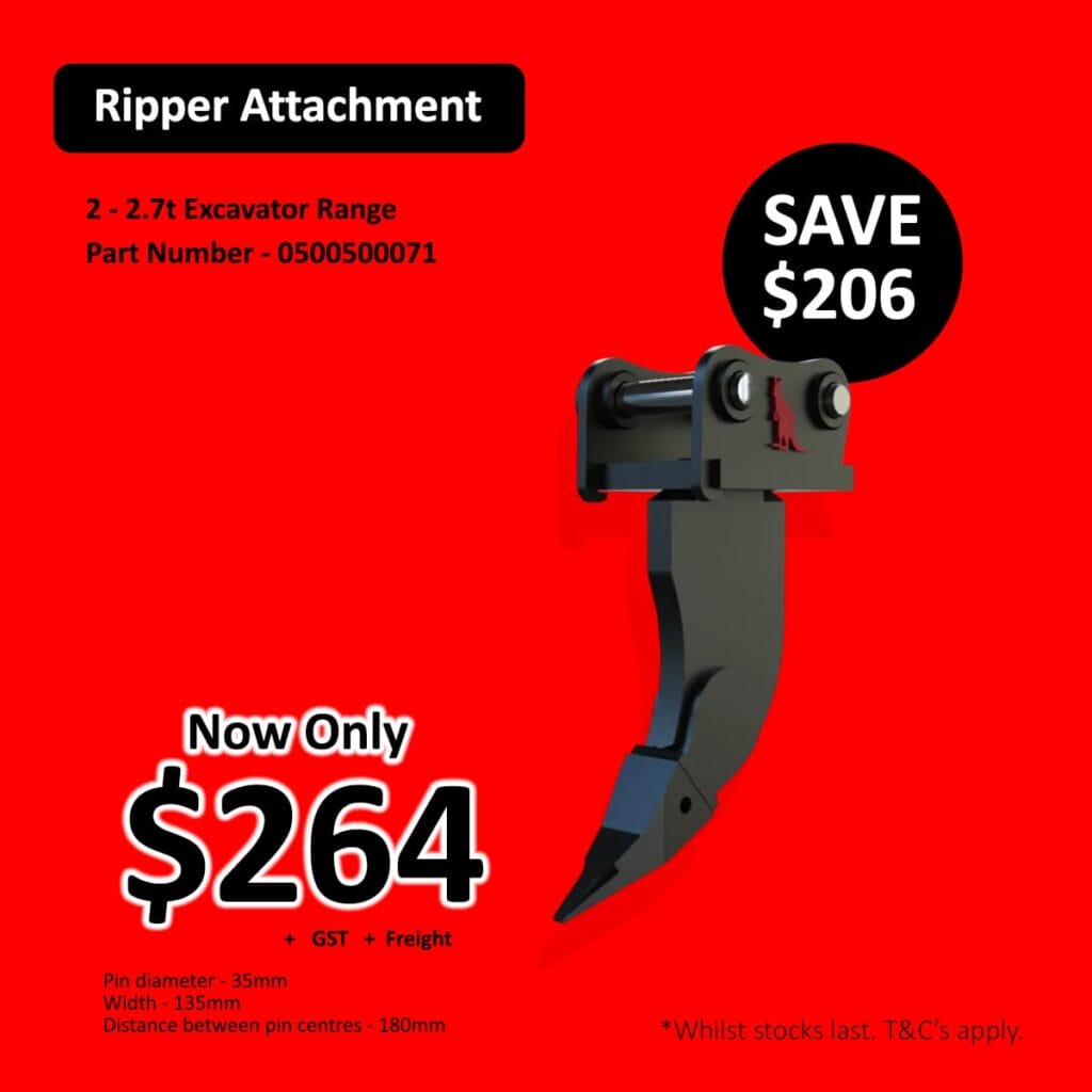Ripper attachment for excavator on red background with price and savings information displayed.
