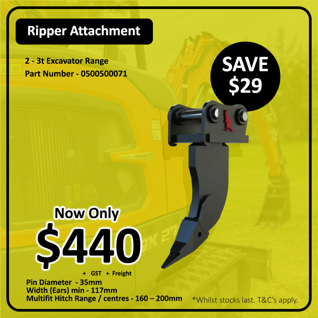 Ripper attachment for 2–3t excavators displayed on a yellow machine, featuring text: “SAVE $29, Now Only $440 + GST + Freight.” Product details, part number, and specifications also shown.