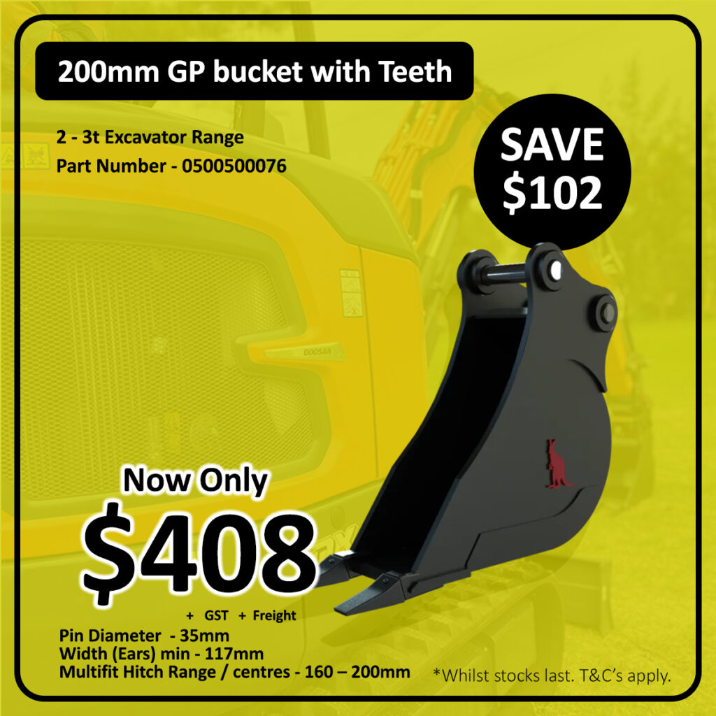 A 200mm GP excavator bucket with teeth is advertised for $408, showing a $102 discount. Specs and part number are listed, with a yellow excavator in the background. Text notes price exclusions and terms.