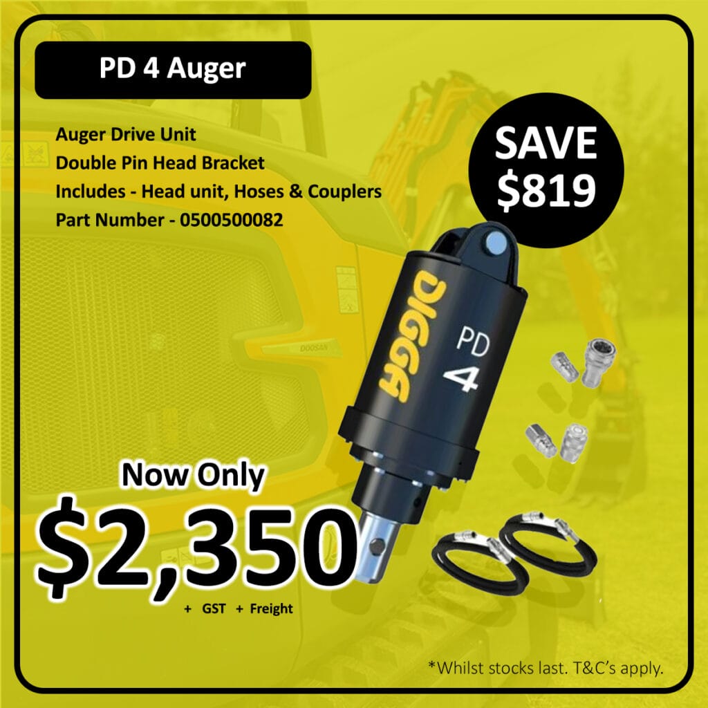 Promotional ad for the Digga PD 4 Auger, featuring the drive unit, hoses, and couplers. Text highlights a price drop to $2,350, saving $819. Background shows construction equipment. Terms and part number are included.