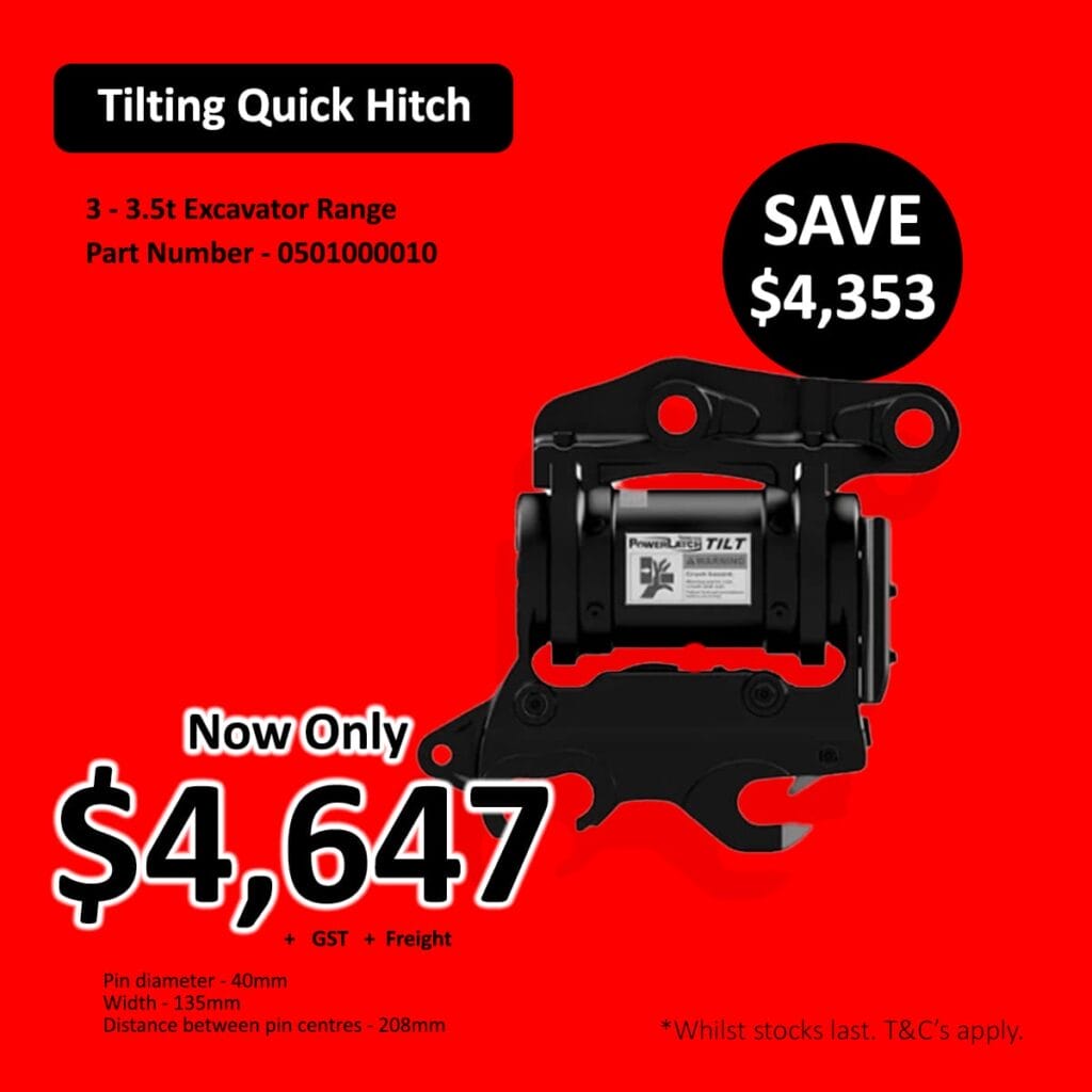 Black tilting quick hitch for 3-3.5t excavators with sale price and product details on red background.