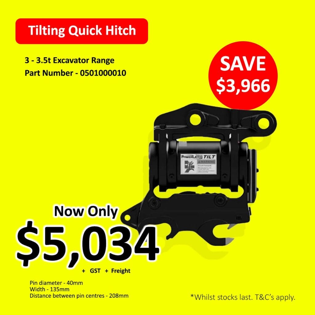 Excavator tilting quick hitch on yellow background with price and discount details displayed.