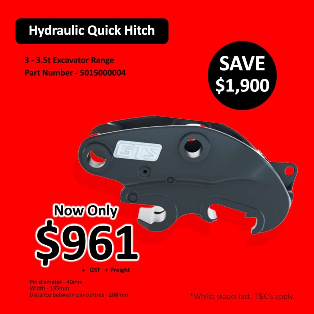 Black hydraulic quick hitch for excavators on red background with price and savings text.