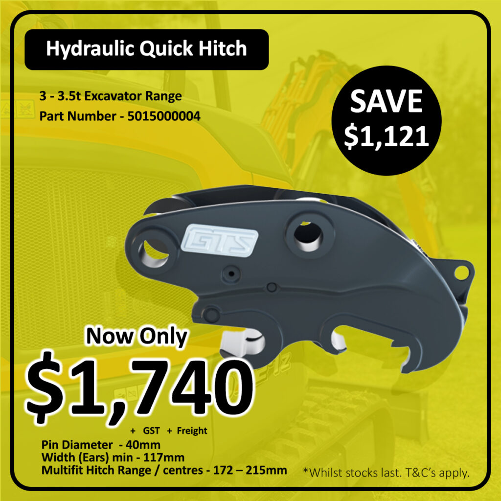 A black hydraulic quick hitch attachment is displayed in front of a yellow excavator. Promotional text highlights a price reduction to $1,740, saving $1,121. Product specifications and conditions are also shown.