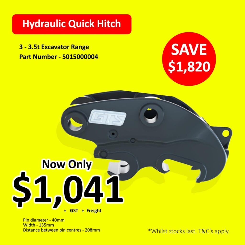 Black hydraulic quick hitch for 3-3.5t excavator on yellow background with price details.