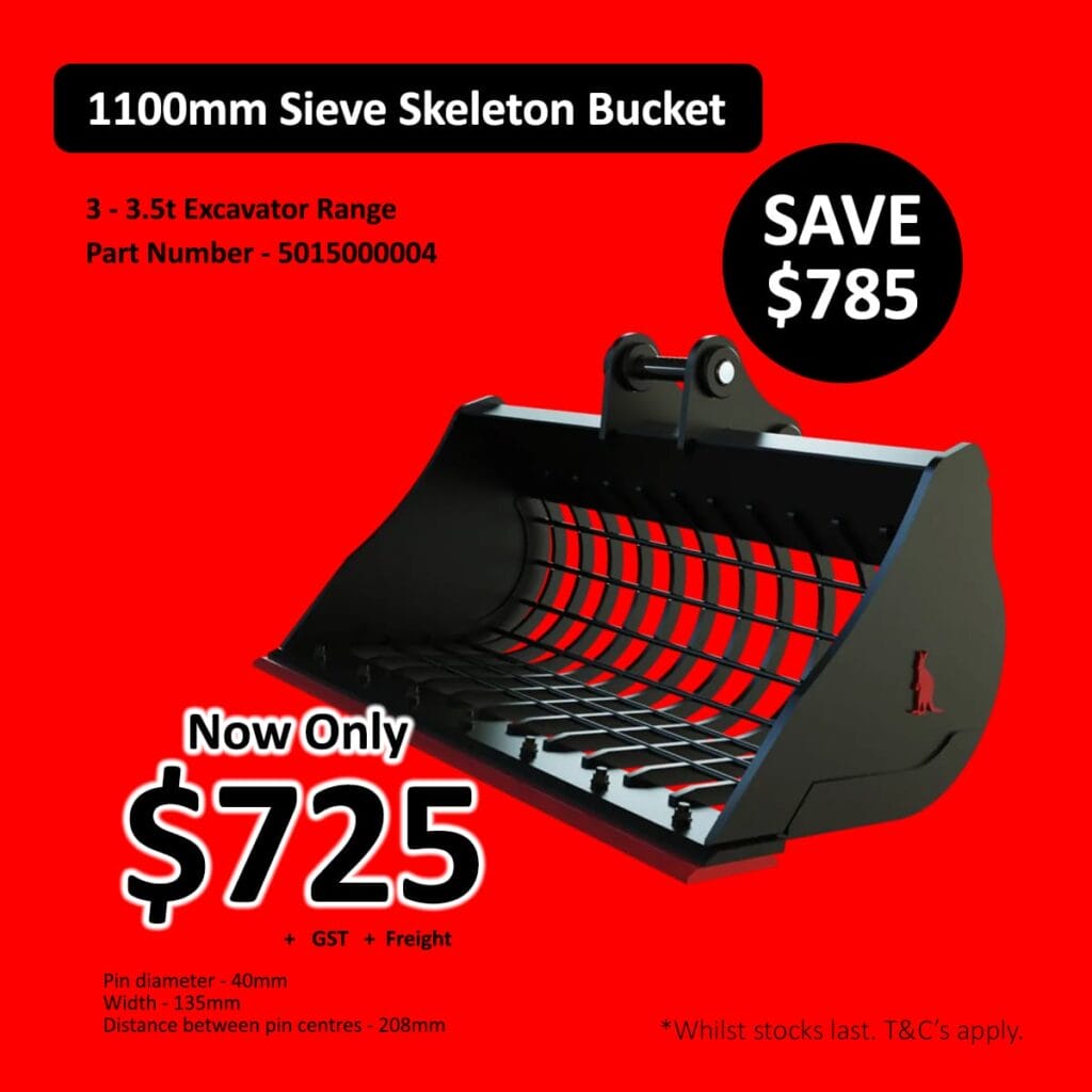 Black 1100mm sieve skeleton bucket for excavators on red background with pricing details.