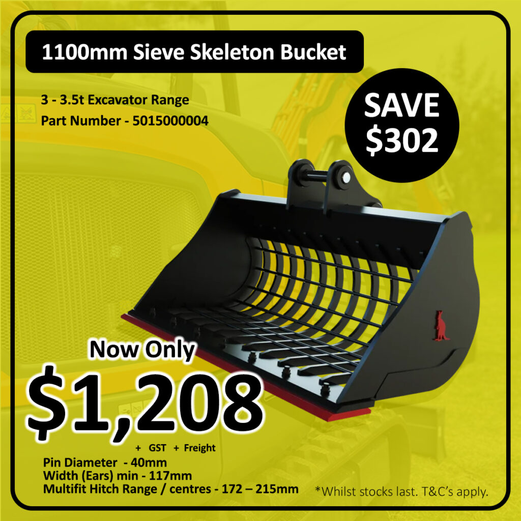 A black 1100mm sieve skeleton bucket for 3–3.5t excavators is displayed on a yellow background, with features and price details highlighted. The price is now $1,208, showing a saving of $302.