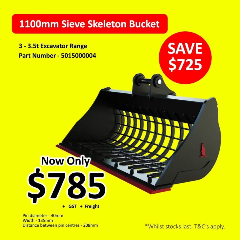 1100mm sieve skeleton bucket for excavator, now $785, was $1510, on yellow background.